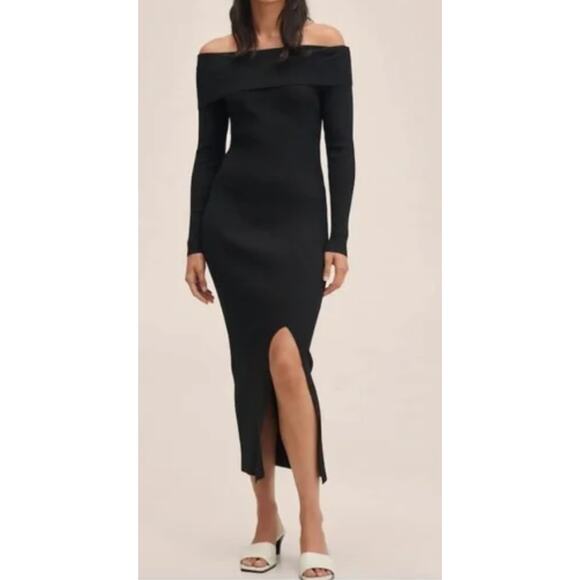 New MNG MANGO Black Off Shoulder Long Sleeve Ribbed Sweater Dress S - Picture 5 of 16